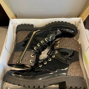 Michael Kors Patent Leather Signature Combat Boots Size 9 Like New with box.